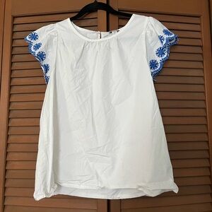 J. Crew White Scalloped Blouse with Blue Embroidery